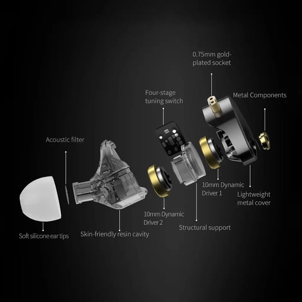 KZ Castor Pro in Ear Monitor with Mic, Dual 10mm Dynamic Driver, Harman Target Hi-Res Audio Quality, 4 Tuning Switch, Oxygen Free Copper Flat Cable, HD Microphone, 0.78mm 2Pin & 3.5mm Plug Compatible - Image 4