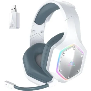 Eksa E1000 WT 2.4GHz Wireless Gaming Headset for PC, PS4, PS5, Gaming Headphones with Noise Cancelling Microphone, 7.1 Surround Sound, 36-Hr Battery Gamer Headset for Computer, Laptop, 3.5mm Wired for Xbox Series, White
