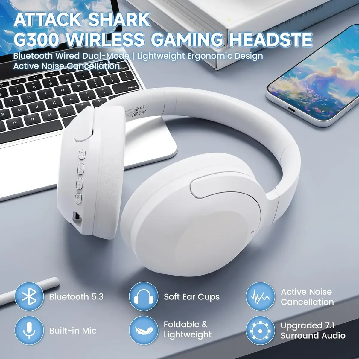 Attack Shark G300 Wireless Over-Ear Headphones with Active Noise Cancelling, Bluetooth 5.3, 40H Playtime, Deep Bass HD Stereo Sound, Built-in Mic, Comfortable Design for Travel/Home Office/Gaming (WHite) - Image 2