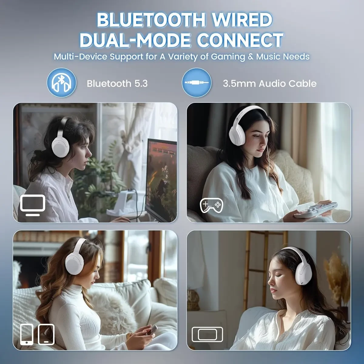 Attack Shark G300 Wireless Over-Ear Headphones with Active Noise Cancelling, Bluetooth 5.3, 40H Playtime, Deep Bass HD Stereo Sound, Built-in Mic, Comfortable Design for Travel/Home Office/Gaming (WHite) - Image 5