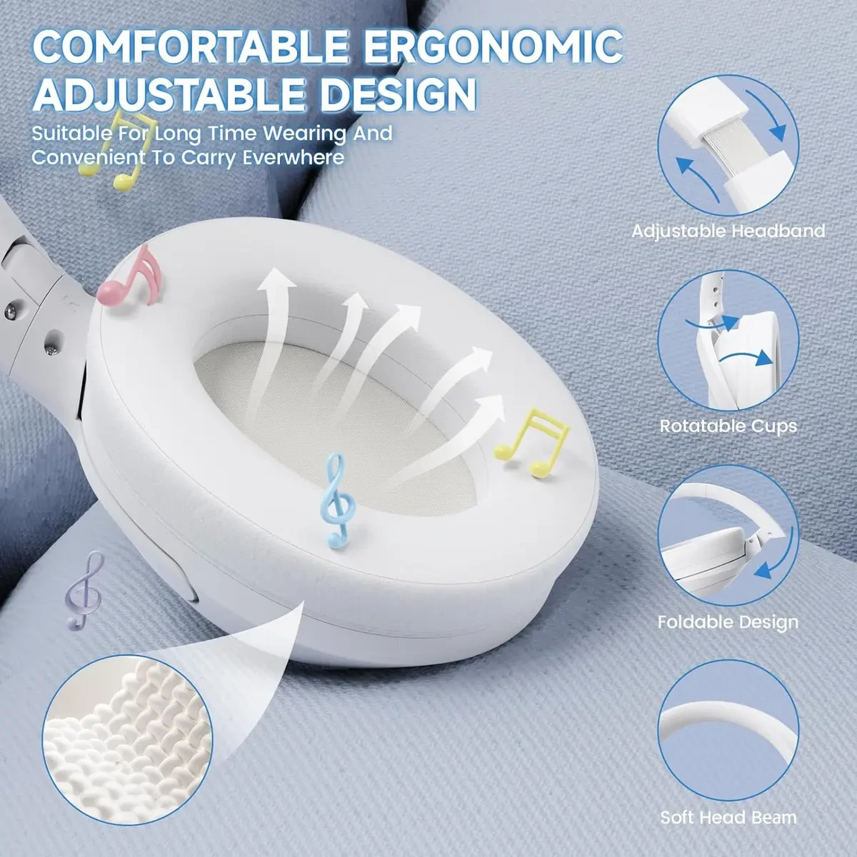 Attack Shark G300 Wireless Over-Ear Headphones with Active Noise Cancelling, Bluetooth 5.3, 40H Playtime, Deep Bass HD Stereo Sound, Built-in Mic, Comfortable Design for Travel/Home Office/Gaming (WHite) - Image 8