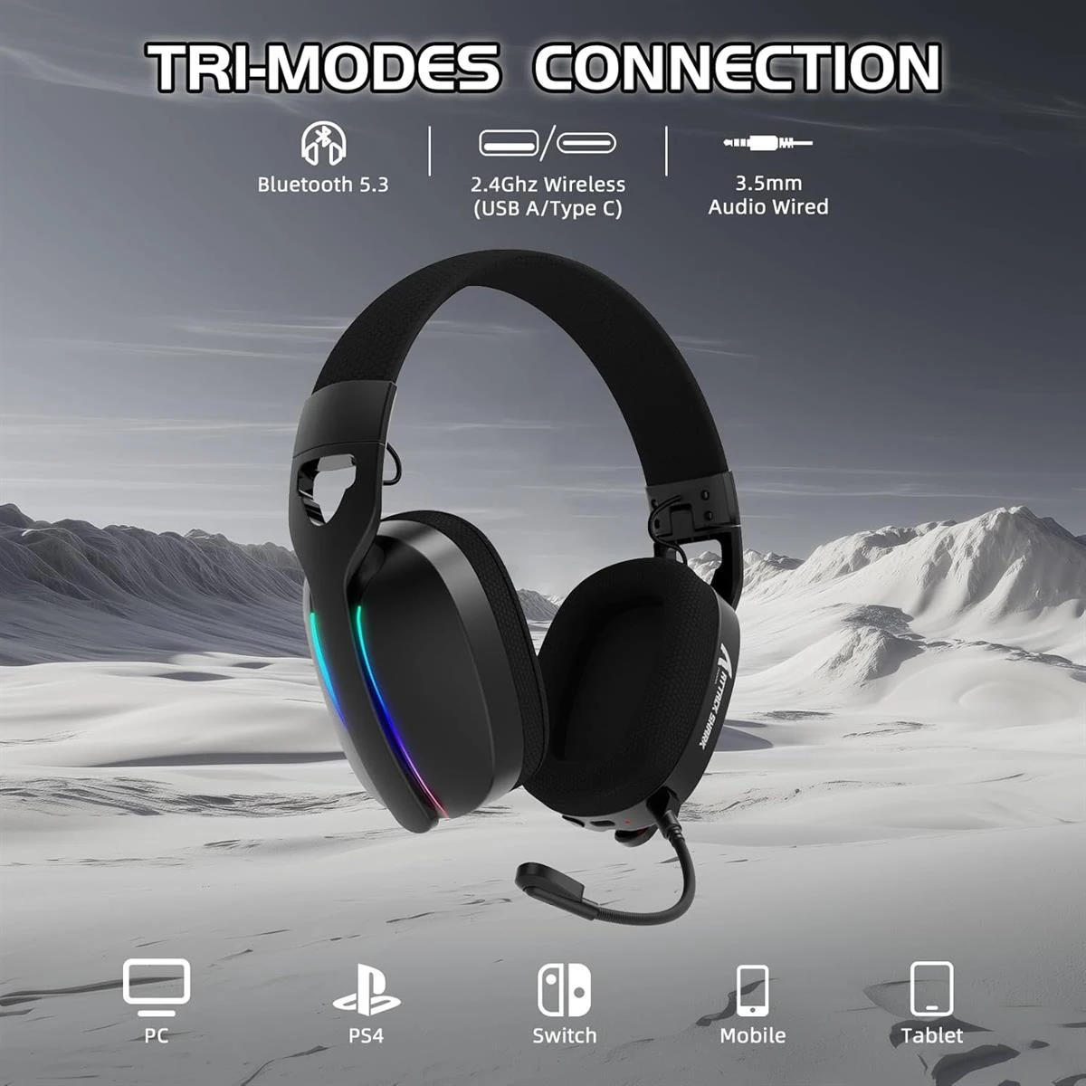 Attack Shark L90 Ultralight RGB Wireless Gaming Headset with Plug-in Microphone, Bluetooth 5.3 & 2.4G Wireless & Wired Headphone, 7.1 Surround Sound for Xbox One Series, PS4,PS5 & PC (Black) - Image 2