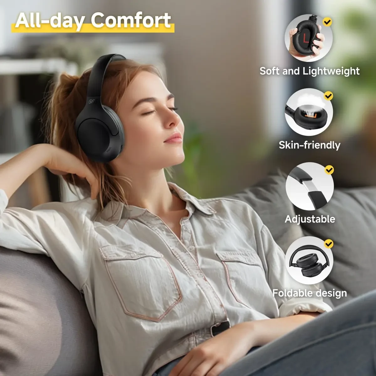 QCY H3 Lite Active Noise Cancelling Headphones, Wireless Over Ear Bluetooth Headphones, 60H Playtime, Muti-Point Connection, Bluetooth 5.3 Headsets for Travel, Home Office - Black - Image 6