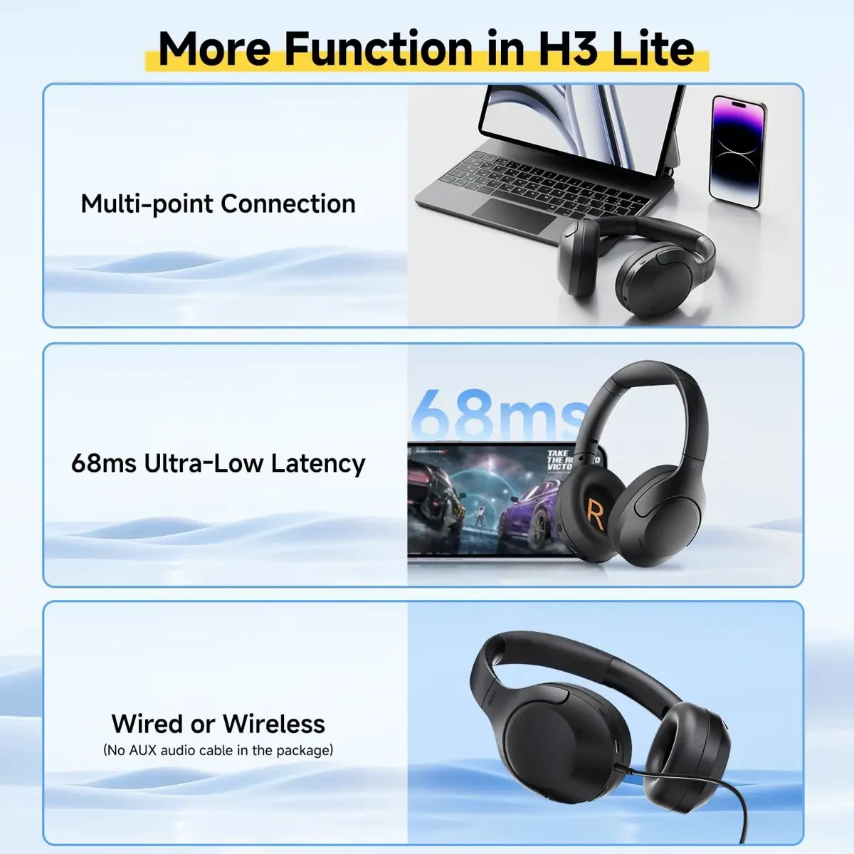 QCY H3 Lite Active Noise Cancelling Headphones, Wireless Over Ear Bluetooth Headphones, 60H Playtime, Muti-Point Connection, Bluetooth 5.3 Headsets for Travel, Home Office - Black - Image 7