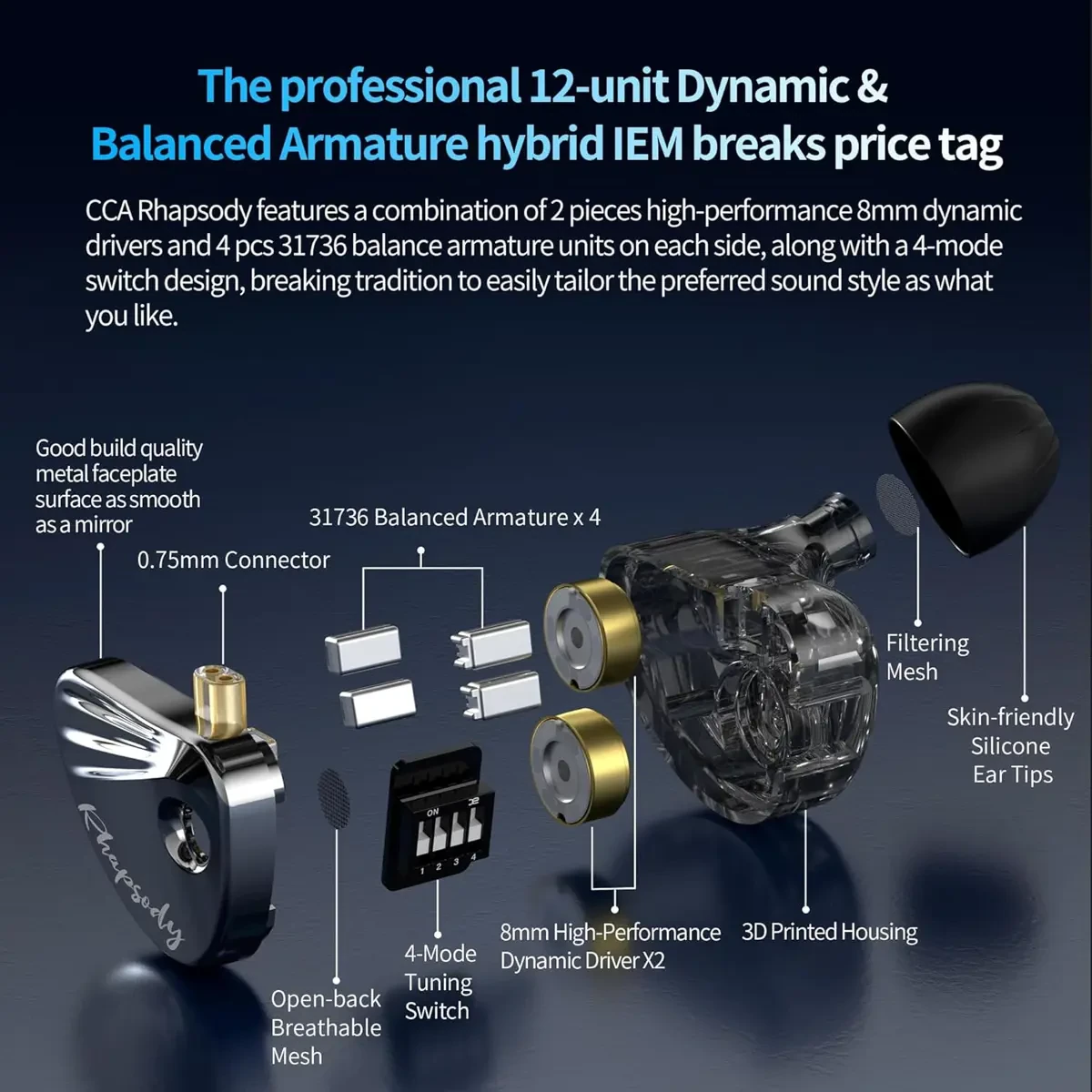 CCA Rhapsody 2DD+4BA Hybrid IEM Earbuds with Microphone - Image 5