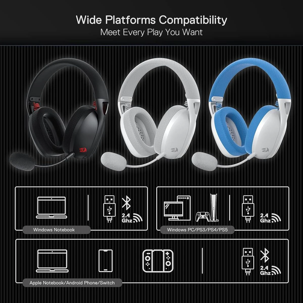 Redragon Ire Pro H848 Wireless Gaming Headset - Lightweight, 7.1 Surround Sound, 40MM Drivers, Detachable Microphone, Multi Platforms for PC, PS5/4/3, Switch, Mobile (White Blue) - Image 7