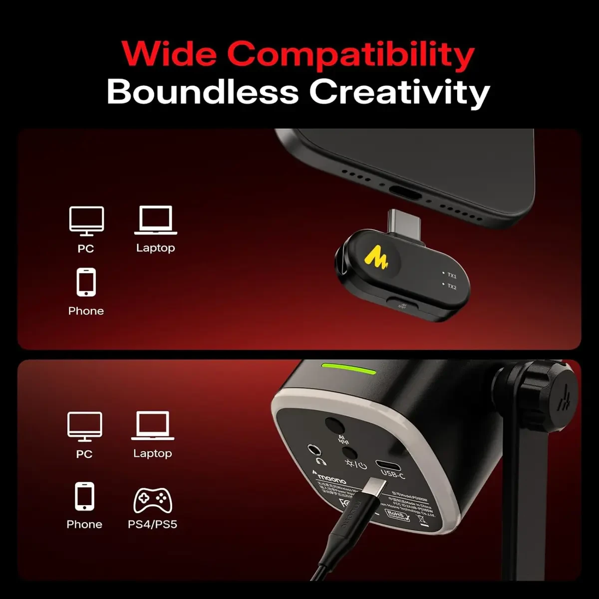 Maono PD100W Wireless/USB Microphone, PC Gaming Mic with One-Click Noise Reduction, Mute Button, Custom RGB, 3.5mm Headphone Jack, Desktop Dynamic Streaming Mic for Recording,Podcasting, Black - Image 3