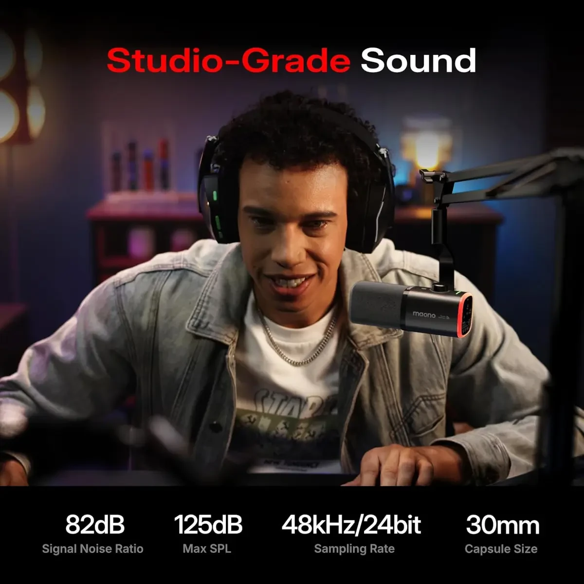Maono PD100W Wireless/USB Microphone, PC Gaming Mic with One-Click Noise Reduction, Mute Button, Custom RGB, 3.5mm Headphone Jack, Desktop Dynamic Streaming Mic for Recording,Podcasting, Black - Image 6