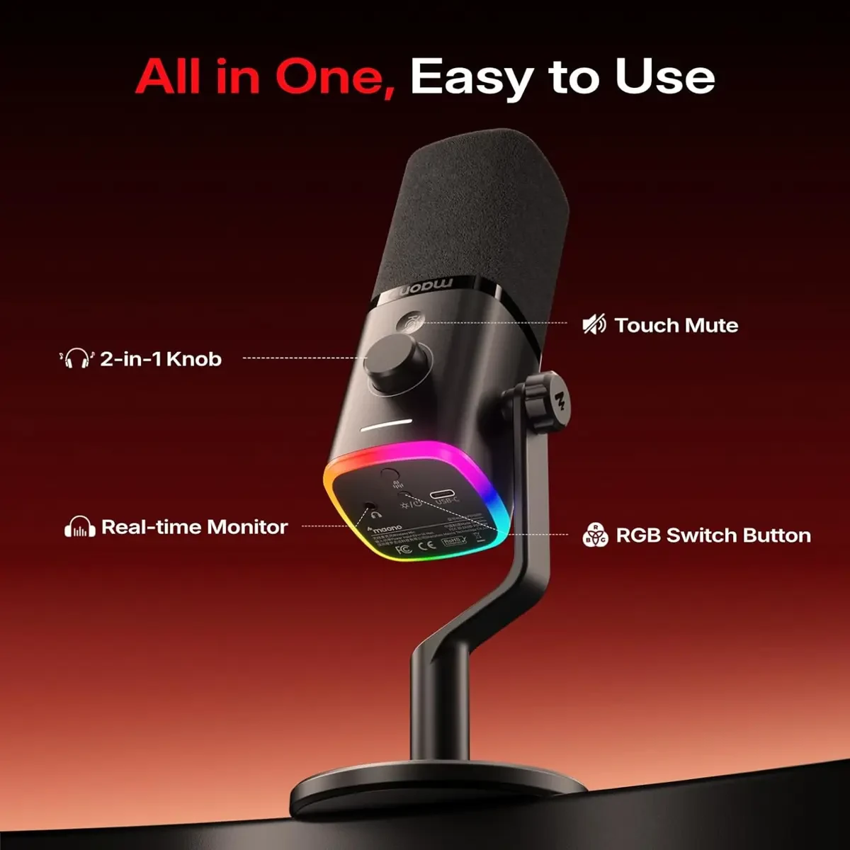 Maono PD100W Wireless/USB Microphone, PC Gaming Mic with One-Click Noise Reduction, Mute Button, Custom RGB, 3.5mm Headphone Jack, Desktop Dynamic Streaming Mic for Recording,Podcasting, Black - Image 7