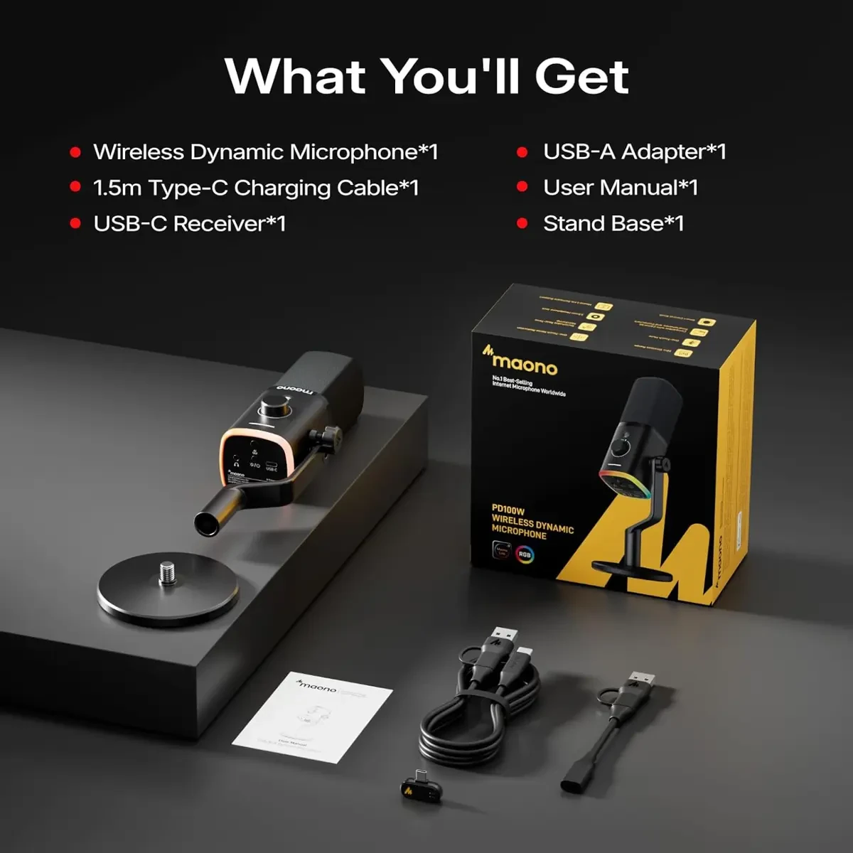 Maono PD100W Wireless/USB Microphone, PC Gaming Mic with One-Click Noise Reduction, Mute Button, Custom RGB, 3.5mm Headphone Jack, Desktop Dynamic Streaming Mic for Recording,Podcasting, Black - Image 8