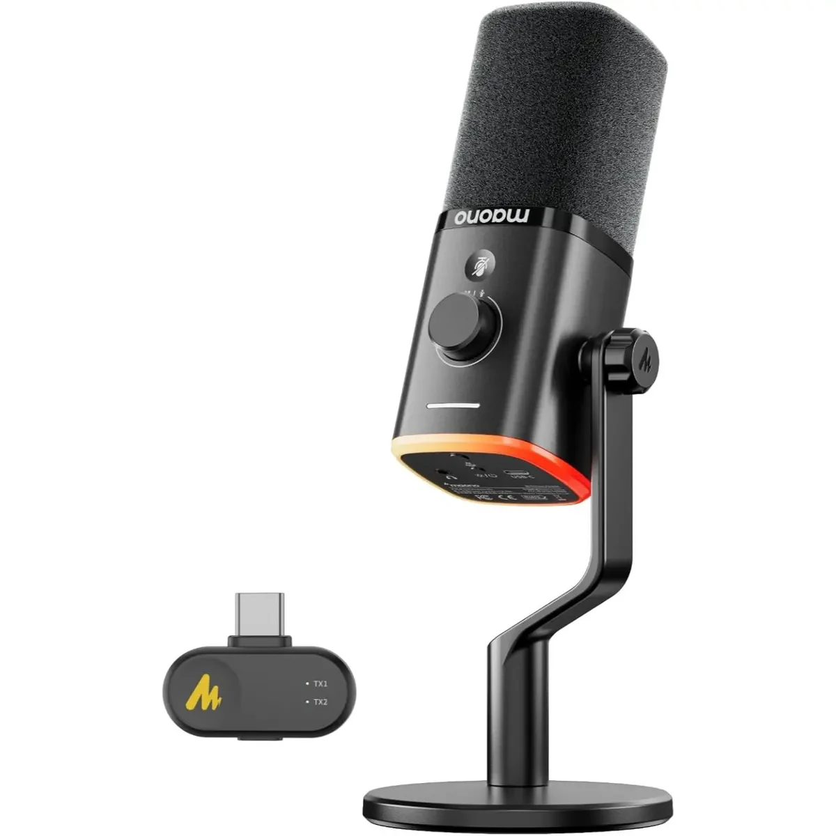 Maono PD100W Wireless/USB Microphone, PC Gaming Mic with One-Click Noise Reduction, Mute Button, Custom RGB, 3.5mm Headphone Jack, Desktop Dynamic Streaming Mic for Recording,Podcasting, Black