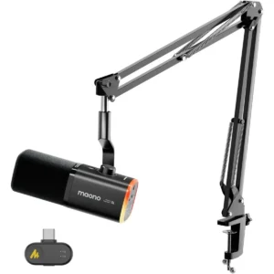 Maono PD100WS Wireless Gaming Microphone for PC, Dynamic Streaming USB Mic with 3 Level Noise Cancelling, RGB, Mute Button, Software EQ, Computer Boom Mic for Podcast, Vocal Recording, Black