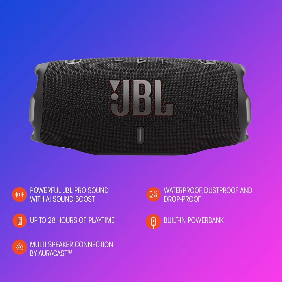 JBL Charge 6 - Portable Waterproof & Drop-Proof Bluetooth Speaker, Bold Pro Sound with AI Sound Boost, 28Hrs of Playtime, Built-in powerbank & Comes with a Sturdy/Removable Carrying Strap (Squad) - Image 6