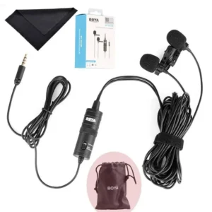 Boya BY-M1DM Dual Lavalier Universal Auxiliary Microphone With A Single 1/8 Stereo Connector For Smartphones Dslr Cameras Camcorders, Black, For Action Cameras With Cleaning Cloth