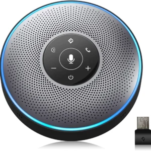 eMeet OfficeCore M2 Gray Conference Bluetooth Speakerphone Speaker, Idea for Home Office 360º Voice Pickup 4 AI Echo & Noise Canceling Microphones, Skype USB Speakerphone AUX in/Out for up to 8 People