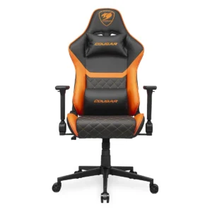 Cougar Armor One V2 Gaming Chair, PVC Leather Surface, 4D Folding Armrests, Lumbar and Neck Pillows, Back Pocket, High-Back Design Lower Back Support, Black/Orange