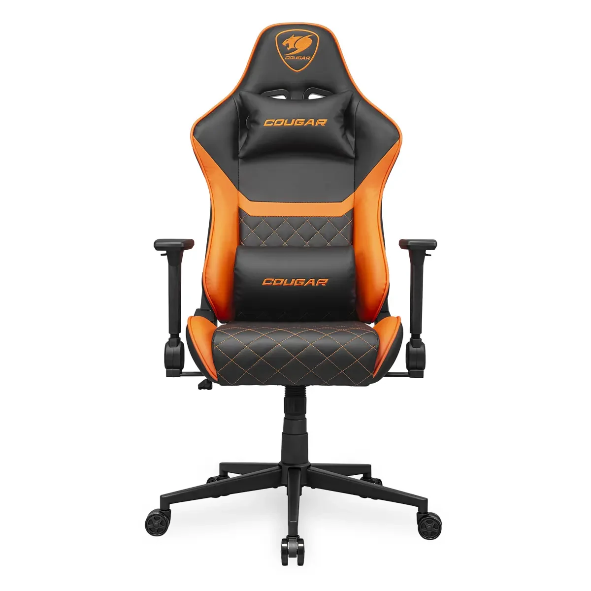 Cougar Armor One V2 Gaming Chair, PVC Leather Surface, 4D Folding Armrests, Lumbar and Neck Pillows, Back Pocket, High-Back Design Lower Back Support, Black/Orange