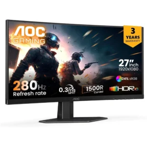 AOC C27G4ZE 27" 280Hz Curved Ultra-Fast Gaming Monitor, 1920 × 1080 (FHD), 0.3ms, Fast VA, 1500R, Adaptive Sync, Three-Sided Frameless Design, Black
