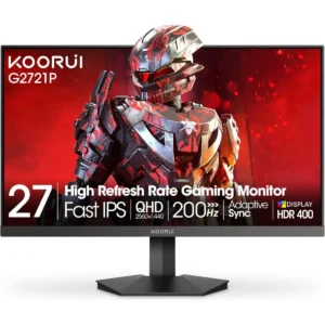 Koorui G2721P 27" Gaming Monitor, 200Hz 1ms Fast IPS, WQHD (2560 x 1440) HDR 400 Display, DCI-P3 95% Color Gamut, FreeSync Premium, Adaptive G-Sync, HDMI x 2, DisplayPort