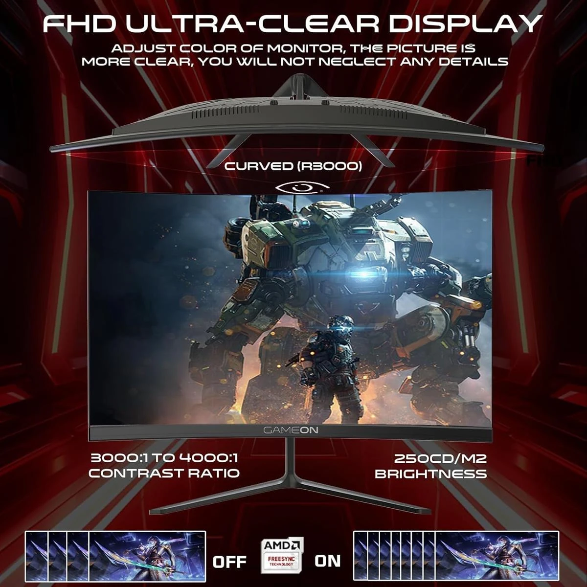 GameOn GOC24F120VA Pro Series Curved Gaming Monitor 24 inch, 1920x1080p FHD VA Panel, 120Hz, 1ms, HDMI 2.1, Freesync, Crosshair assistant, Built-in Speakers, Supports PS5, VRR - Image 3