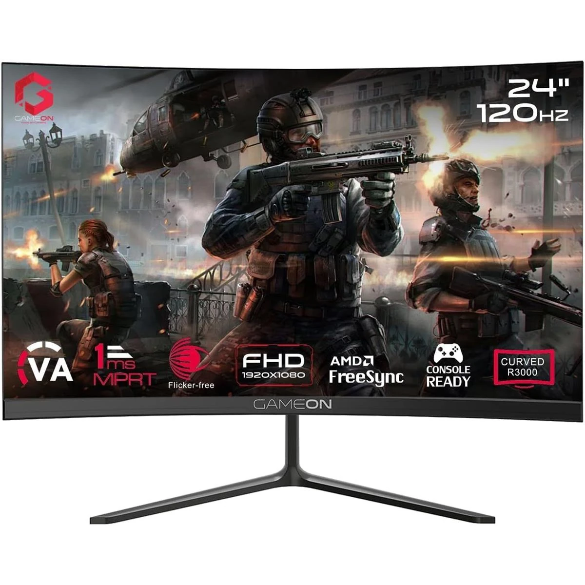 GameOn GOC24F120VA Pro Series Curved Gaming Monitor 24 inch, 1920x1080p FHD VA Panel, 120Hz, 1ms, HDMI 2.1, Freesync, Crosshair assistant, Built-in Speakers, Supports PS5, VRR
