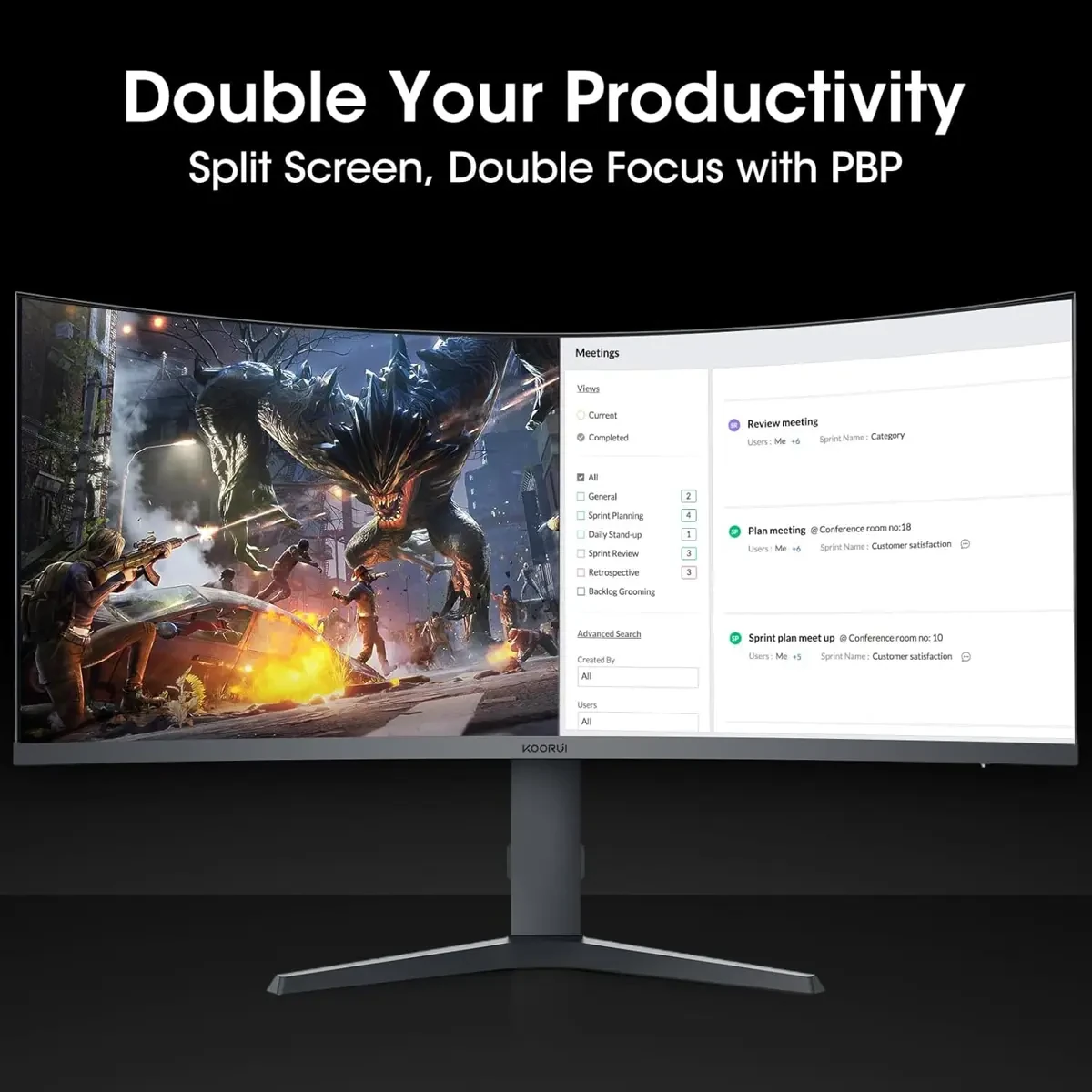 Koorui 34E6UC 34-inch Curved Ultrawide WQHD 3440×1440 Gaming Monitor, 180Hz 1000R- PIP/PBP, 1ms(MPRT), HDR400, DCI-P3 95%, FreeSync Premium, 1 x DP 1.4 & 2 x HDMI 2.0, Tilt Height Swivel Adjustment - Image 3