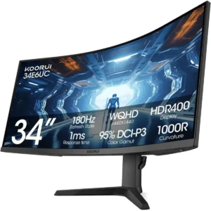 Koorui 34E6UC 34-inch Curved Ultrawide WQHD 3440×1440 Gaming Monitor, 180Hz 1000R- PIP/PBP, 1ms(MPRT), HDR400, DCI-P3 95%, FreeSync Premium, 1 x DP 1.4 & 2 x HDMI 2.0, Tilt Height Swivel Adjustment
