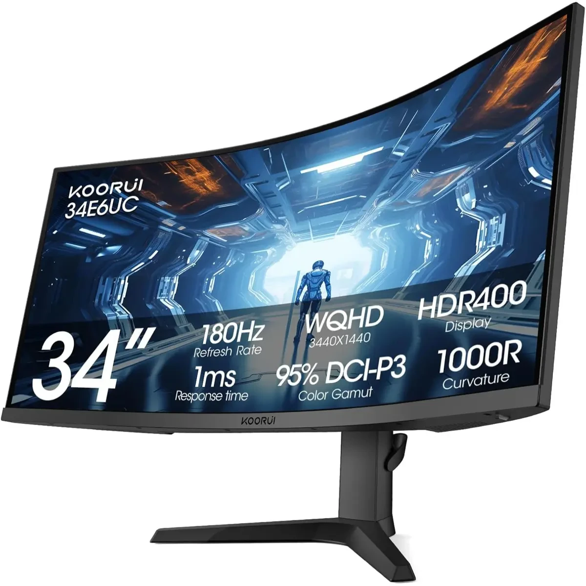 Koorui 34E6UC 34-inch Curved Ultrawide WQHD 3440×1440 Gaming Monitor, 180Hz 1000R- PIP/PBP, 1ms(MPRT), HDR400, DCI-P3 95%, FreeSync Premium, 1 x DP 1.4 & 2 x HDMI 2.0, Tilt Height Swivel Adjustment