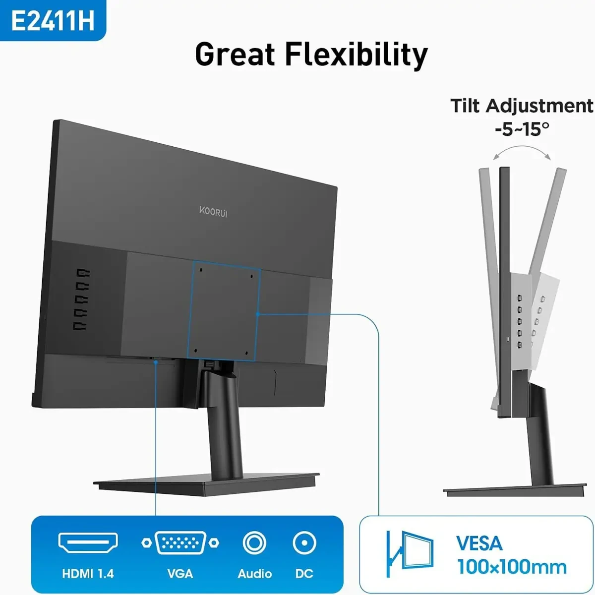 Koorui E2411H 24-inch 120Hz Gaming Monitor IPS FHD (1920 x 1080P) sRGB 99% Support Freesync Computer Monitors VESA Mount HDMI & VGA Ports - Image 6