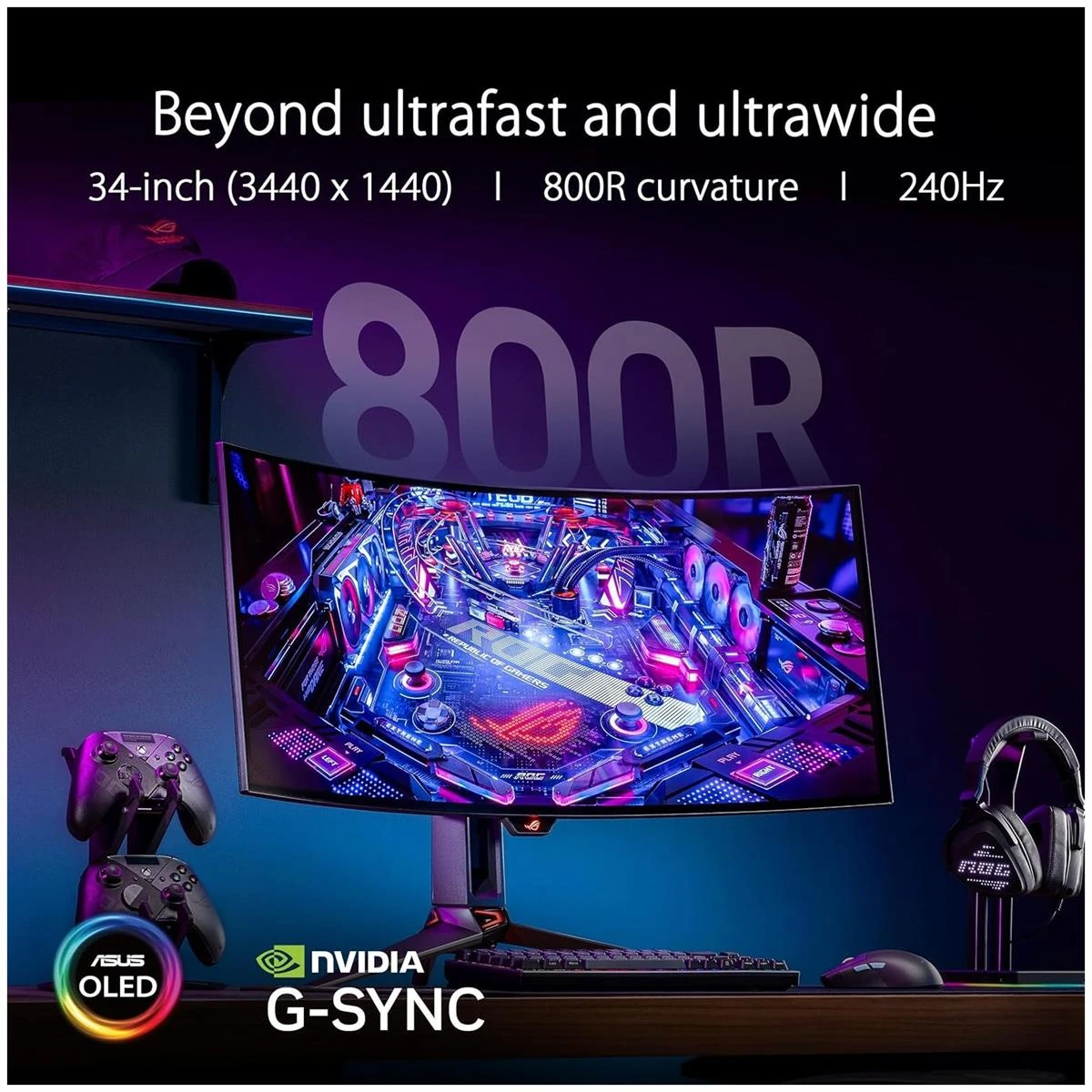 Asus Rog Swift OLED PG34WCDM 34" Ultrawide 800R Curved Gaming Monitor – 21:9 (3440 x 1440), 240Hz, 0.03ms, G-SYNC Compatible, Custom Heatsink, Uniform Brightness, Smart KVM, USB-C 90W PD, 1300nits - Image 2