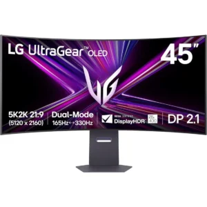 LG 45GX950A-B 45-inch Ultragear 5K2K WUHD (5120 x 2160) OLED Curved Gaming Monitor, Dual-Mode, 165Hz/330Hz, 0.03ms, NVIDIA G-Sync, AMD FreeSync Premium Pro, HDR True Black 400, USB Type-C 90W, DP2.1