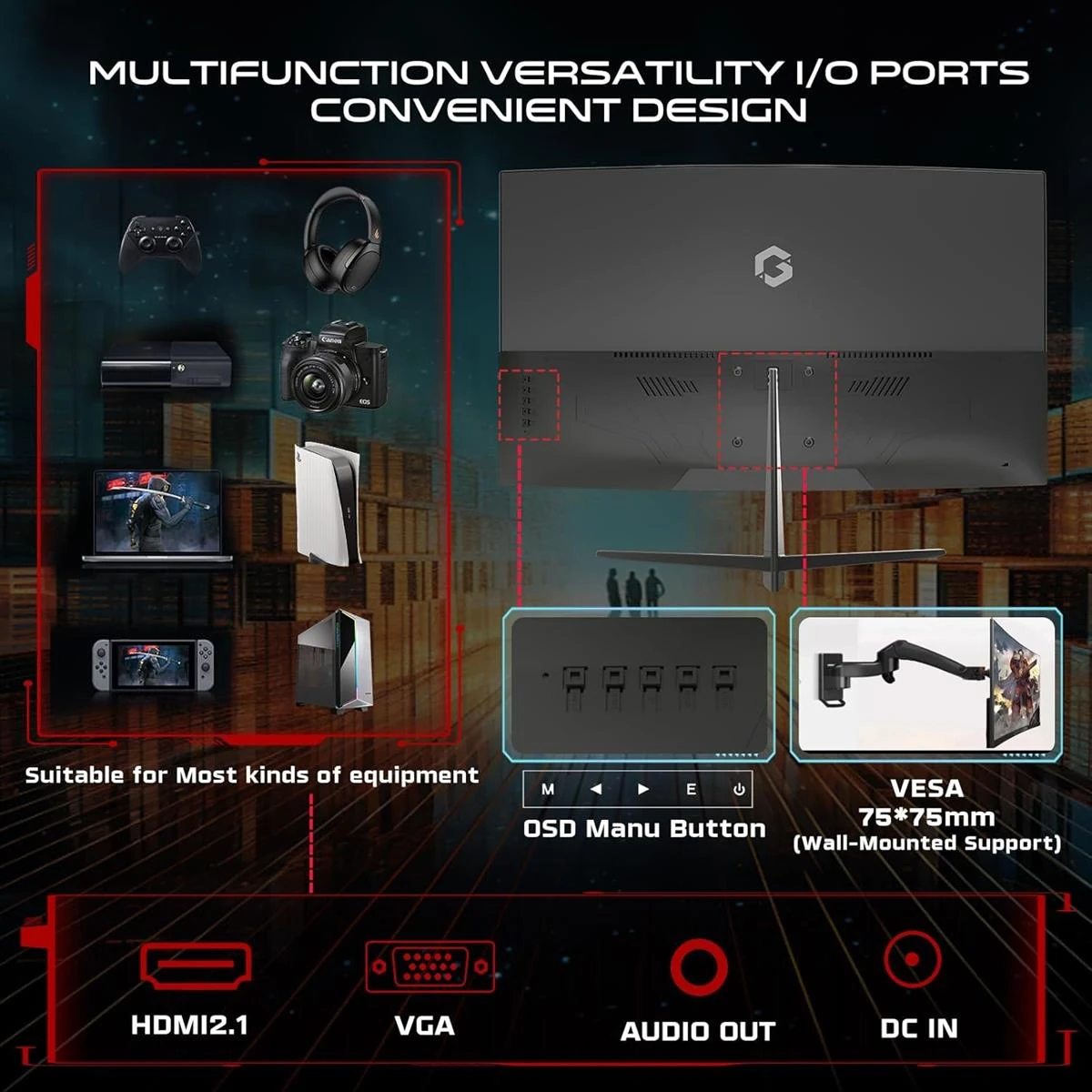 GameOn GOC27F120VA Pro Series Curved Gaming Monitor 27 inch, 1920x1080p FHD VA Panel, 120Hz, 1ms, HDMI 2.1, Freesync, Crosshair assistant, Built-in Speakers, Supports PS5, VRR - Image 3