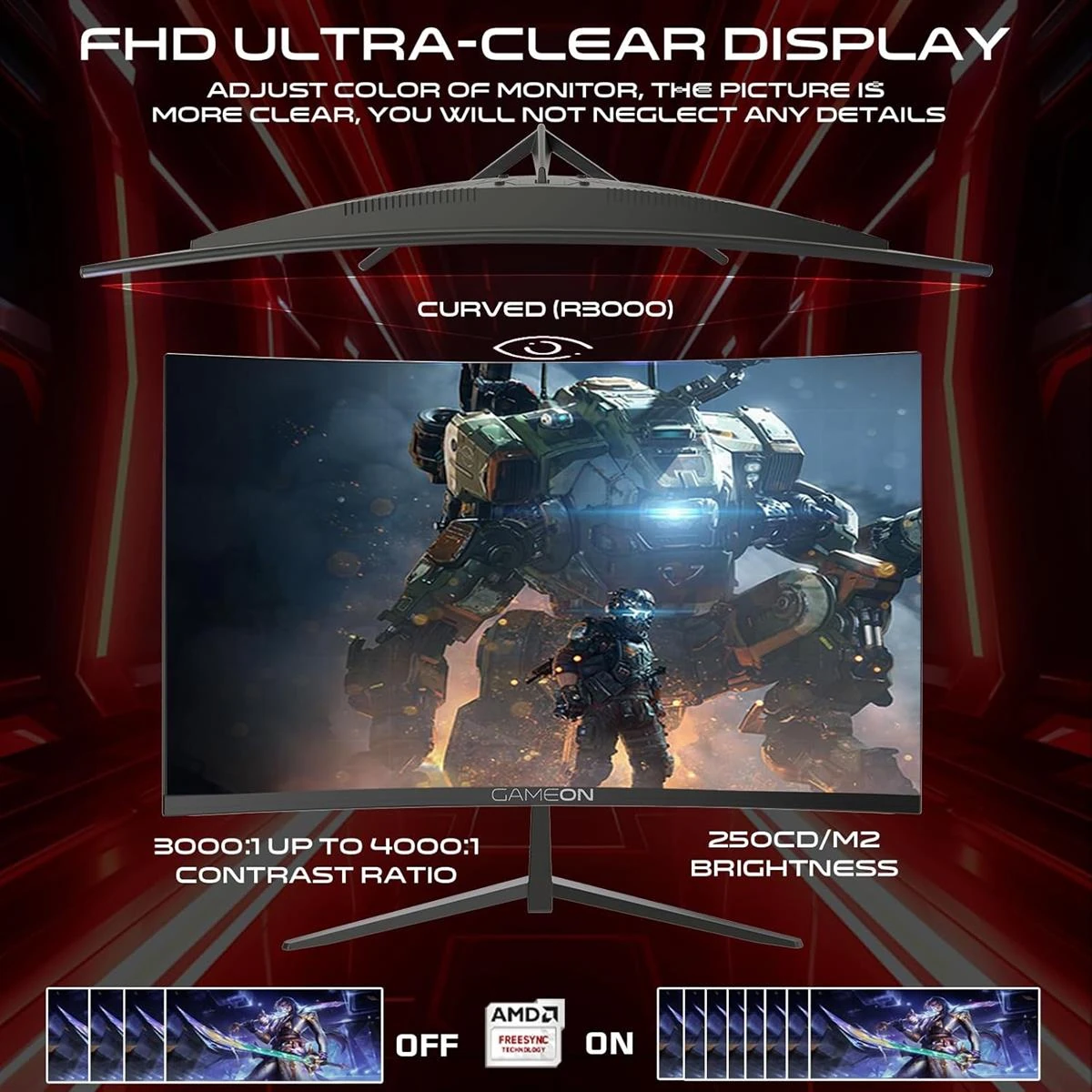 GameOn GOC27F120VA Pro Series Curved Gaming Monitor 27 inch, 1920x1080p FHD VA Panel, 120Hz, 1ms, HDMI 2.1, Freesync, Crosshair assistant, Built-in Speakers, Supports PS5, VRR - Image 4