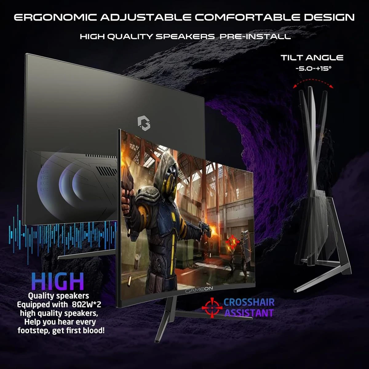 GameOn GOC27F120VA Pro Series Curved Gaming Monitor 27 inch, 1920x1080p FHD VA Panel, 120Hz, 1ms, HDMI 2.1, Freesync, Crosshair assistant, Built-in Speakers, Supports PS5, VRR - Image 5