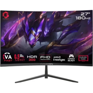 GameOn GOC27F180VA Pro Series Curved Gaming Monitor 27 inch, 1920x1080p FHD Fast VA Panel, 180Hz, 0.5ms, HDMI 2.1, G-Sync & Freesync, Crosshair assistant, Built-in Speakers, Supports HDR, PS5, VRR