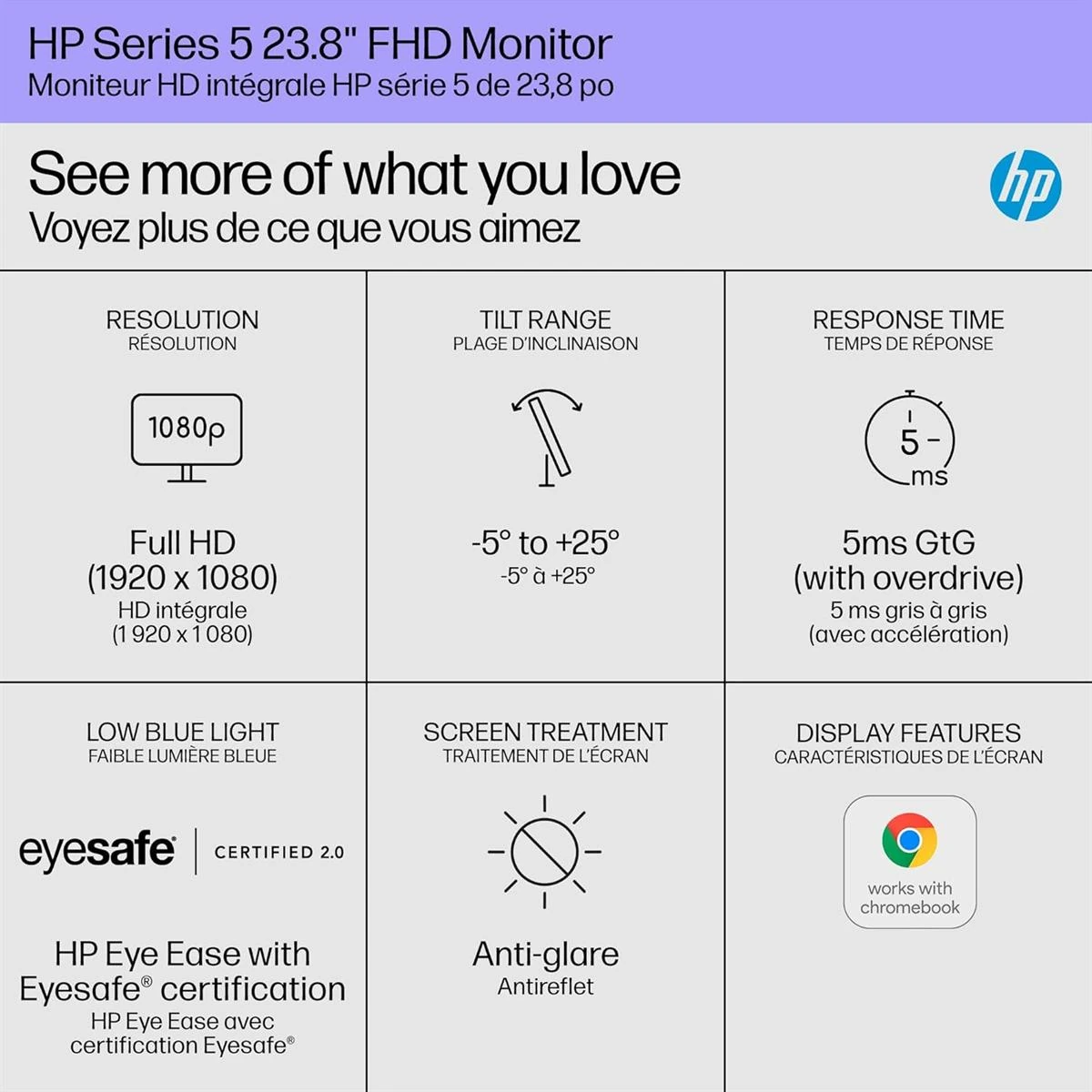 HP Series 5 524sw 24 inch FHD Monitor, 100Hz, Full HD Display (1920 x 1080), IPS Panel, 99% sRGB, 1500:1 Contrast Ratio, 300 nits, Eye Ease with Eyesafe Certification - Image 7