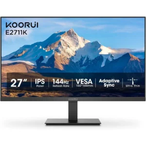Koorui E2711K 27 Inch Gaming Office Monitor, Eye-Care IPS FHD 1080P 144Hz Computer Screen with HDMI VGA, Slim Bezels, Freesync, Ergonomic Tilt, VESA Mountable, Black