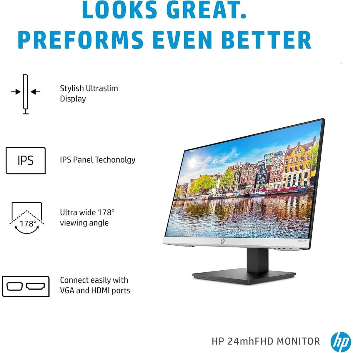 HP 24mh FHD Computer Monitor with 23.8-Inch IPS Display (1080p), 75Hz Refresh Rate, Built-In Speakers and VESA Mounting, Height/Tilt Adjustment for Ergonomic Viewing, HDMI and DisplayPort - Image 2