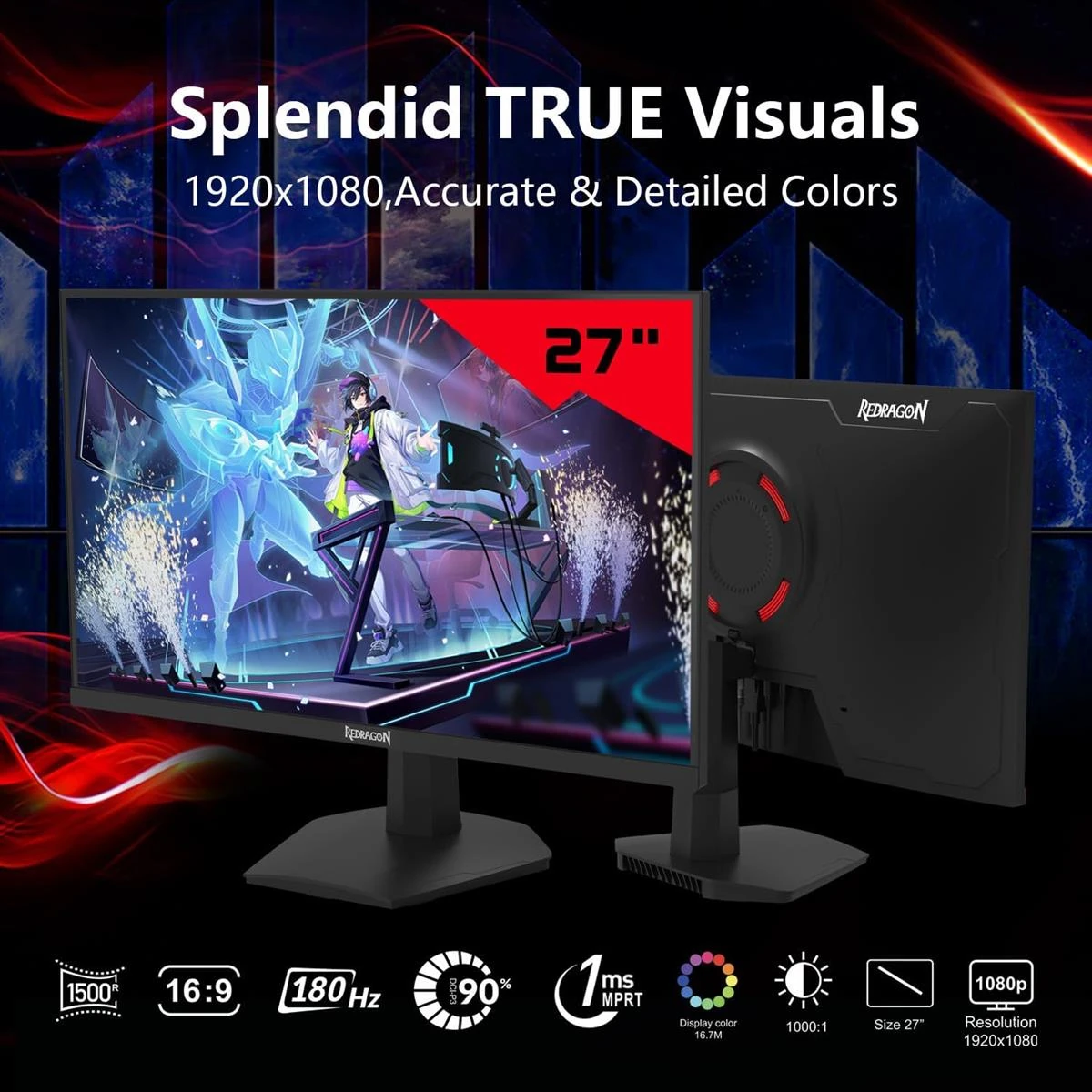 Redragon Mirror GM27X5IPS 27-inch FHD (1920x1080) Gaming Monitor, 180Hz Refresh Rate, 1ms MPRT, IPS Panel with AMD FreeSync, Blur-Free Gaming with Vibrant Colors and Wide Viewing Angles - Black & Red - Image 2