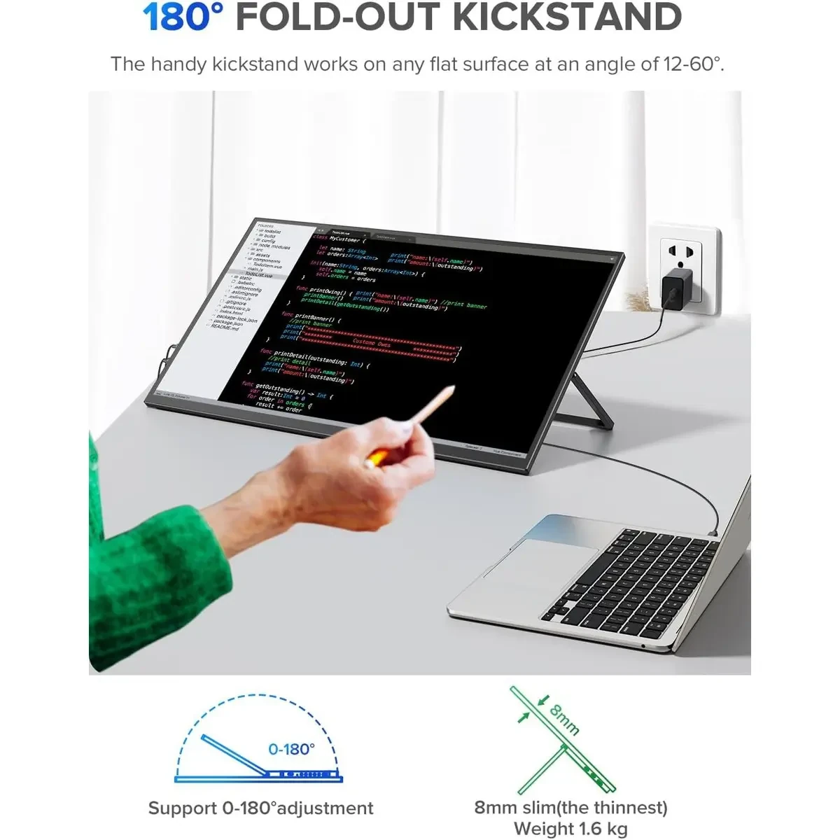 Uperfect UMax 22 Portable Monitor 22" 2K QLED w/VESA & 180° Adjustable Stand, 2560×1440 QHD FreeSync HDR Gaming Display, USB-C HDMI Travel Second Monitor for Laptop, Phone, PC & Gaming Consoles - Image 5