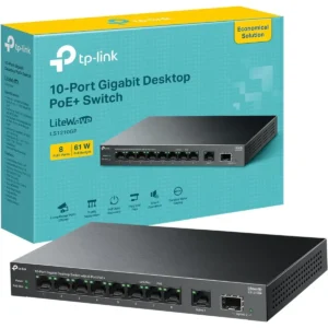 TP-Link LS1210GP 10-Port Gigabit Desktop with 8-Port PoE+ Switch, 1x Gigabit SFP Port Network Switch, 61 W PoE Budget, 30 W Output, Up to 250m Transmission, Traffic Separation, Plug & Play