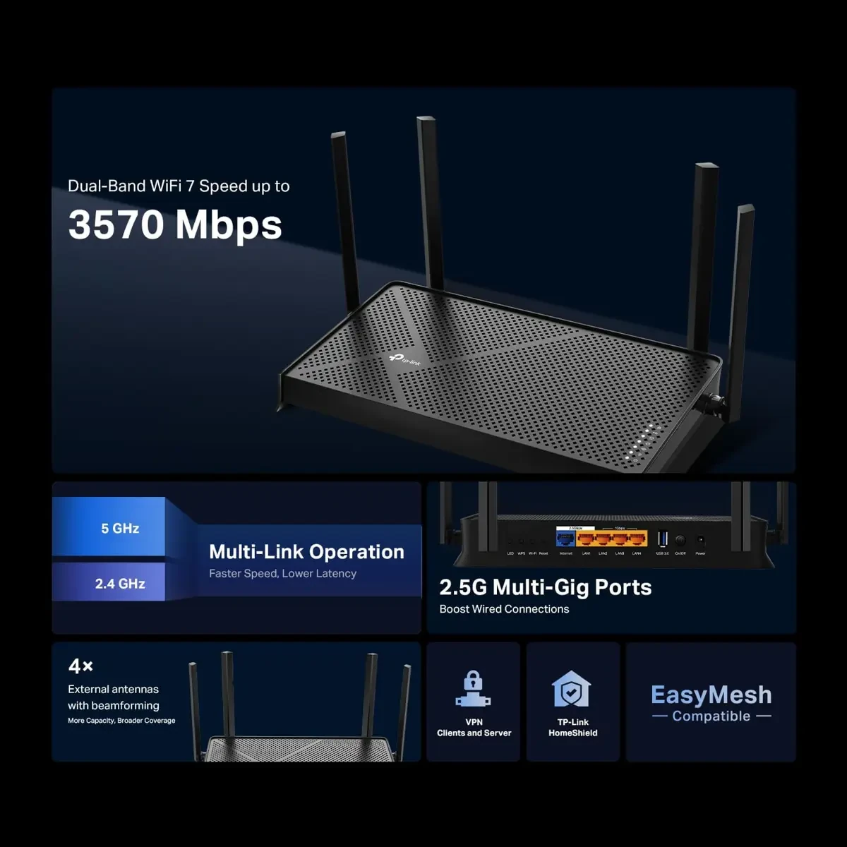 TP-Link Archer BE230 Dual-Band BE3600 Wi-Fi 7 Router - 4-Stream, 2×2.5G + 3×1G Ports, USB 3.0, 2.0 GHz Quad Core, 4 Antennas, VPN, EasyMesh, HomeShield, MLO, Private IOT, Free Expert Support - Image 3