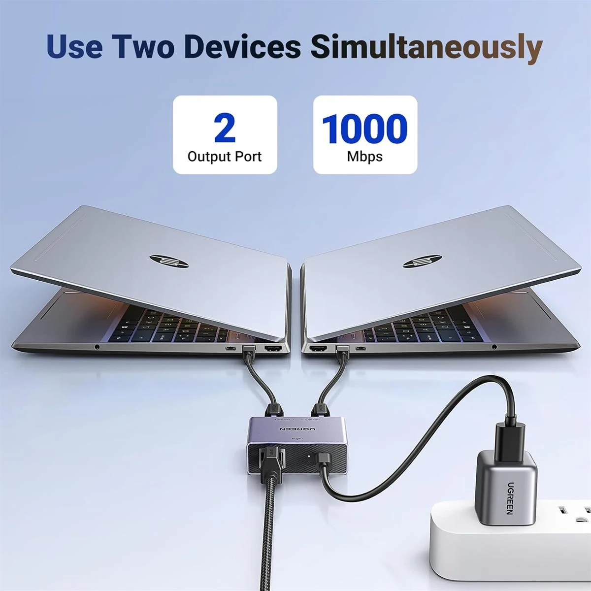 Ugreen 1000Mbps Ethernet Splitter 1 to 2, Plug and Play, 2 Devices Simultaneously Networking, 3FT USB Power Cable, RJ45 Internet Ethernet Switch for PC, Laptop, PS5, Xbox, TV - Image 2