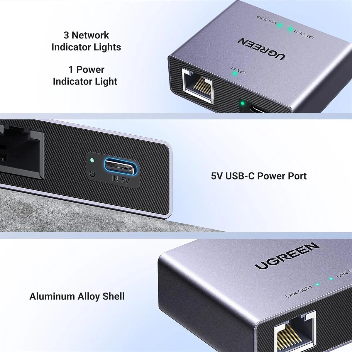 Ugreen 1000Mbps Ethernet Splitter 1 to 2, Plug and Play, 2 Devices Simultaneously Networking, 3FT USB Power Cable, RJ45 Internet Ethernet Switch for PC, Laptop, PS5, Xbox, TV - Image 4