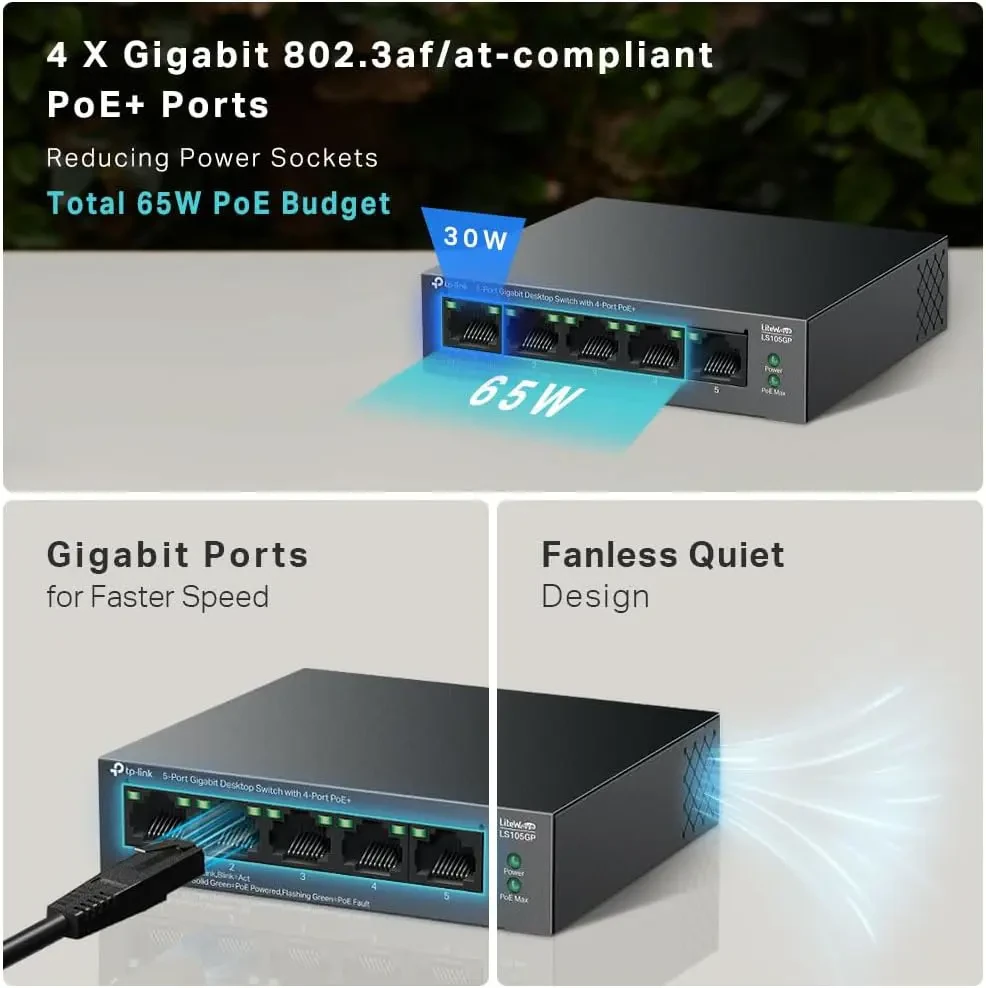 TP-Link LS105GP 5 Port Gigabit PoE Switch, 4x Gigabit PoE+ Ports, 802.3af/at 30W, 65W Total Budget, Network Switch, Power Saving, Plug & Play, Metal Case, Ethernet Switch, Ethernet Splitter - Image 2