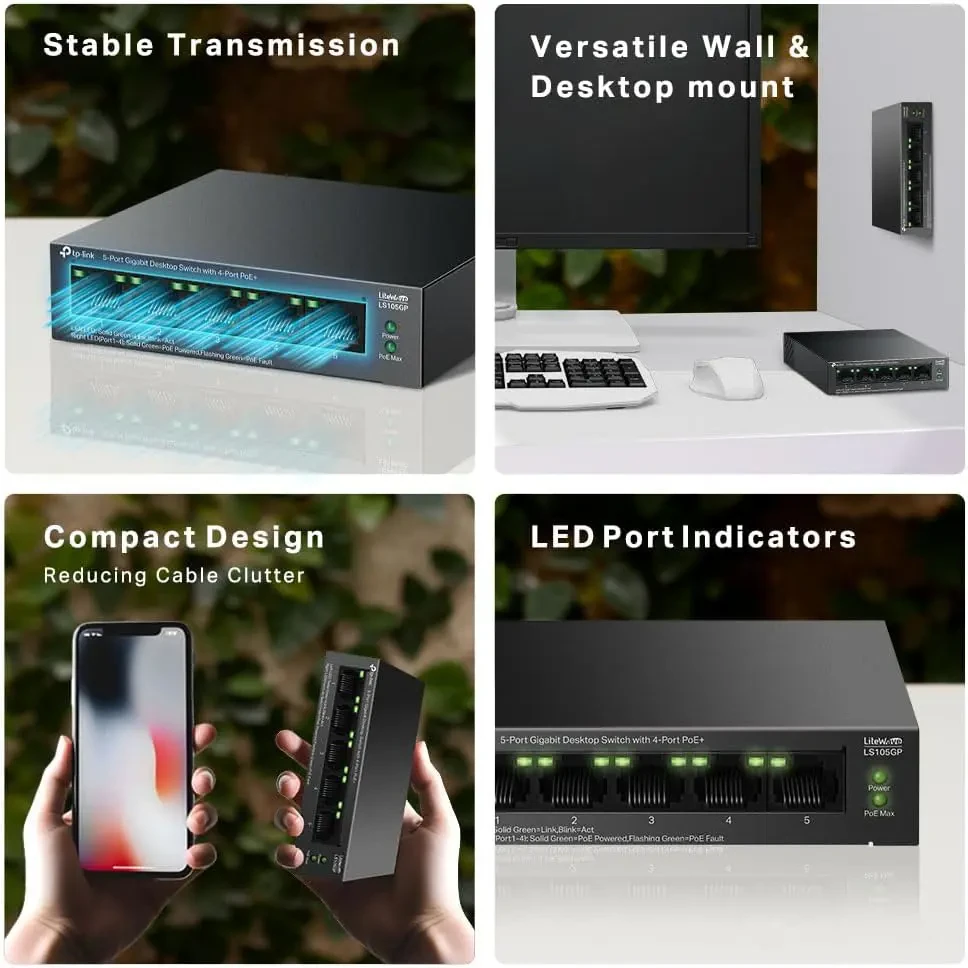 TP-Link LS105GP 5 Port Gigabit PoE Switch, 4x Gigabit PoE+ Ports, 802.3af/at 30W, 65W Total Budget, Network Switch, Power Saving, Plug & Play, Metal Case, Ethernet Switch, Ethernet Splitter - Image 3