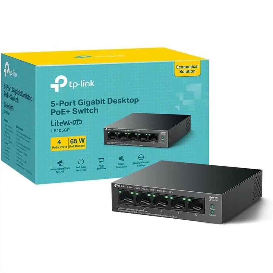 TP-Link LS105GP 5 Port Gigabit PoE Switch, 4x Gigabit PoE+ Ports, 802.3af/at 30W, 65W Total Budget, Network Switch, Power Saving, Plug & Play, Metal Case, Ethernet Switch, Ethernet Splitter