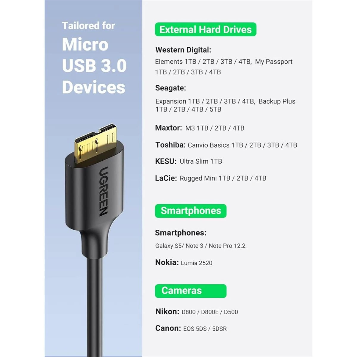 Ugreen Micro USB 3.0 Cable USB 3.0 Type A Male to Micro B Cord Compatible with Samsung Galaxy S5 Note 3 Camera Hard Drive and More (1M) - Image 7