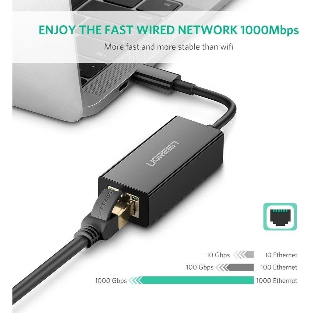 Ugreen USB Type C to Ethernet Adapter, 10/100/1000M, Black - Image 4