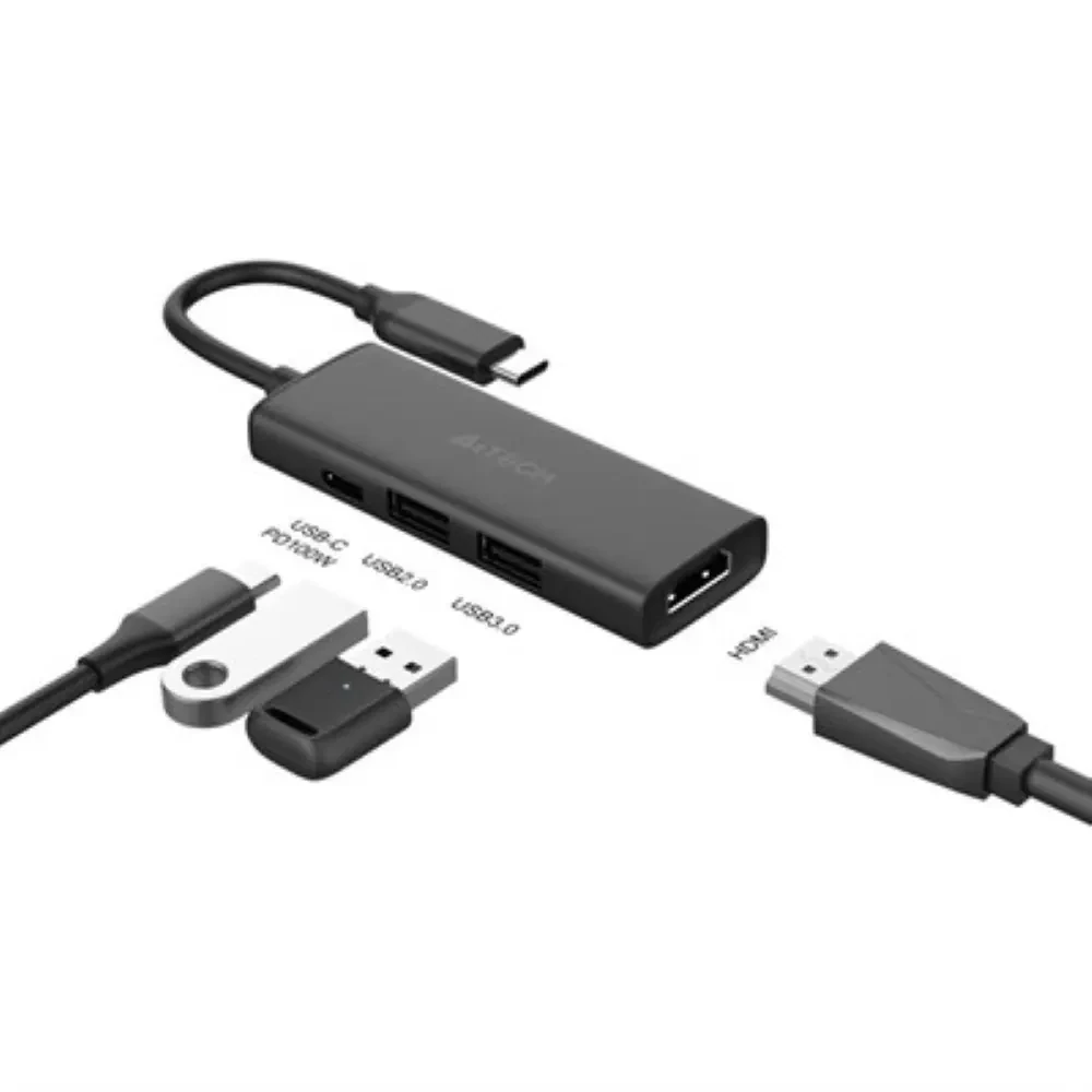 A4Tech DST-40C 4-in-1 USB-C Docking Station - Ash Grey (HDMI + USB 2.0 + USB 3.0 + USB-C PD 100W) - Image 4